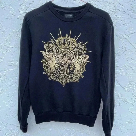 Zara Mens Beaded Crown Butterfly Design Pullover Sweater Black Sz Small - Picture 2 of 9
